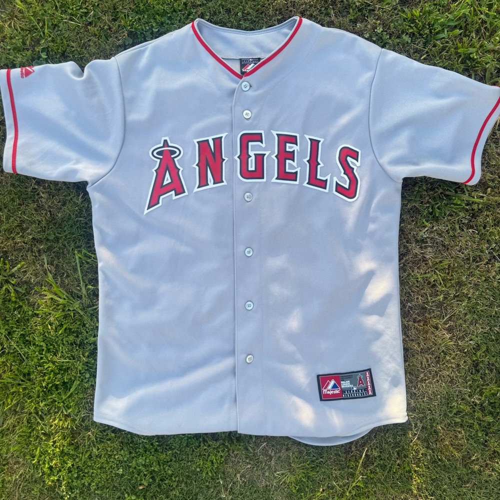 Majestic Los Angeles Angels Gray Mens Baseball Jersey - Red Trim Size M Pujols 5